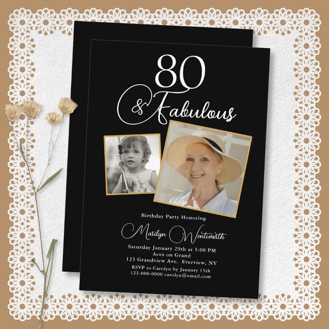 Invitation 80 and Fabulous 80th Birthday White Script 2 Photo (Créateur téléchargé)