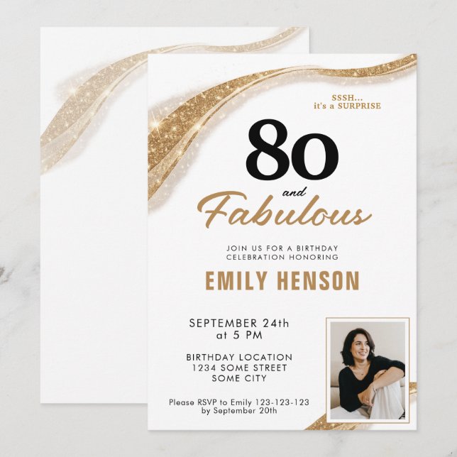 Invitation 80 and Fabulous Gold 80th Birthday (Devant / Derrière)