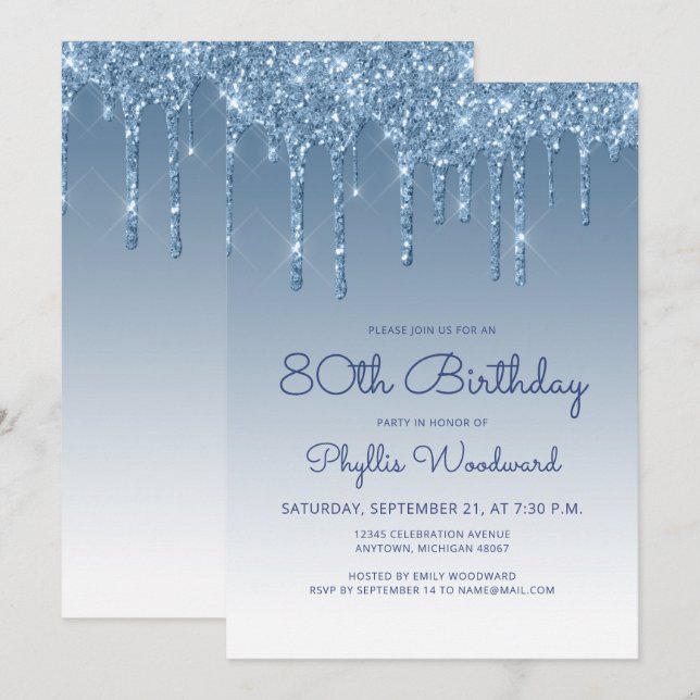 Invitation 80 ans Chic Glitter Drip Bleu (Devant / Derrière)