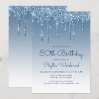 Invitation 80 ans Chic Glitter Drip Bleu