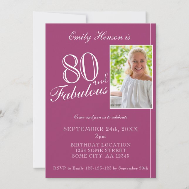 Invitation 80 et fabuleux Elegant Purple Photo Anniversaire (Devant)