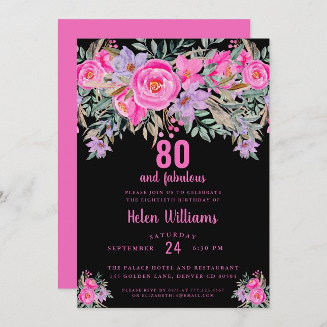 Invitation 80 et fabuleux noir rose 80e anniversaire (Devant / Derrière)