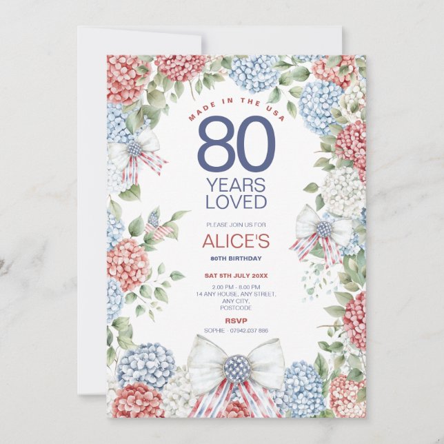 Invitation 80e anniversaire, 4 juillet Rouge Blanc & Bleu Flo (Devant)