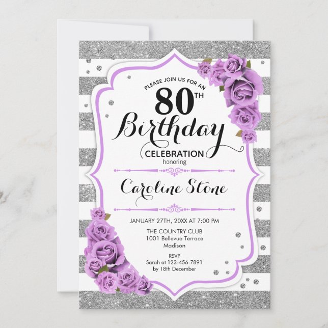 Invitation 80e anniversaire - Argent blanc rayures Roses viol (Devant)