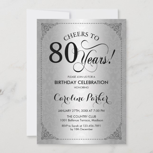 Invitation 80e anniversaire - Argent Damask (Devant)