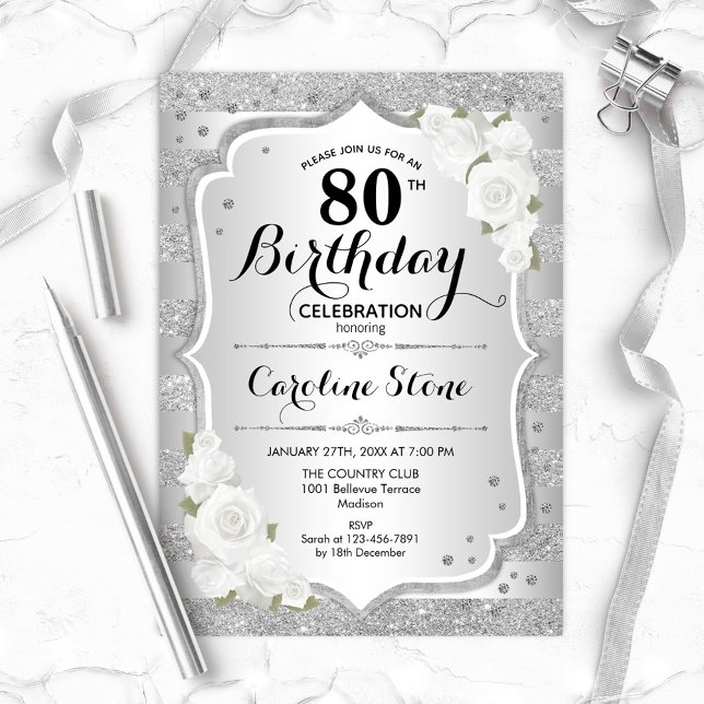Invitation 80e anniversaire - Argent rayures Roses blanches (Créateur téléchargé)