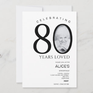 Invitation 80e anniversaire avec photo en nombre, noir & blan