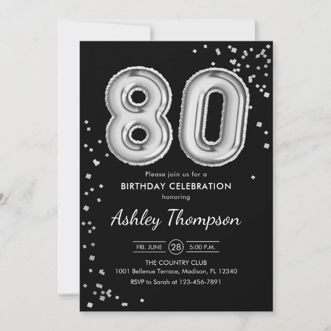 Invitation 80e anniversaire - Ballons d'argent noir (Devant)