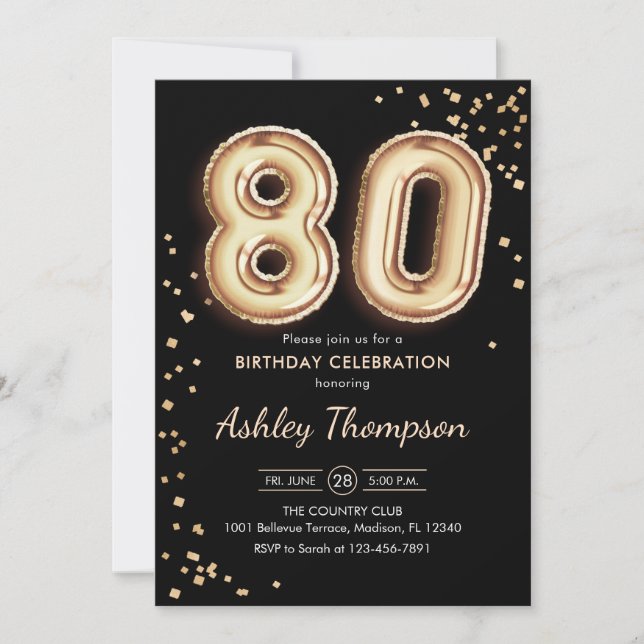 Invitation 80e anniversaire - Ballons d'or noir (Devant)