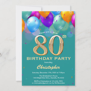 Invitation 80e anniversaire Ballons Turquoises et dorés