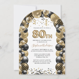 Invitation 80e Anniversaire Balloon Gold Black Sparkle