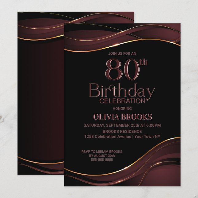 Invitation 80e anniversaire Black Dusty Pink Party (Devant / Derrière)