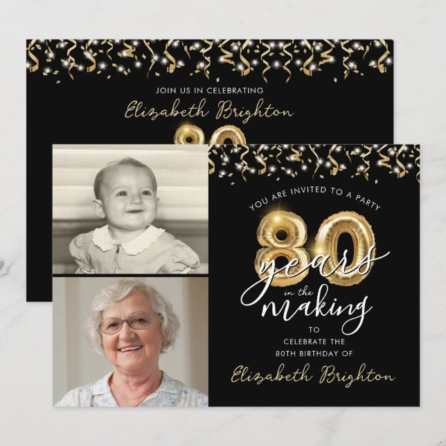 Invitation 80e anniversaire Black Gold Ballons 2 Photos (Devant / Derrière)