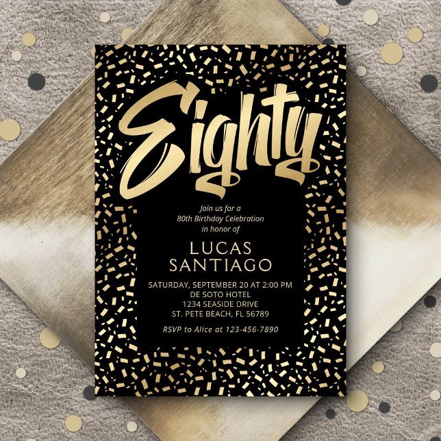 Invitation 80e anniversaire Black Gold Confetti (Créateur téléchargé)