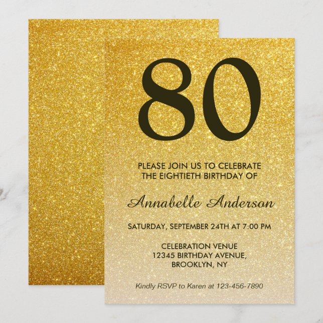 Invitation 80e anniversaire Black Gold Parties scintillant Sp (Devant / Derrière)