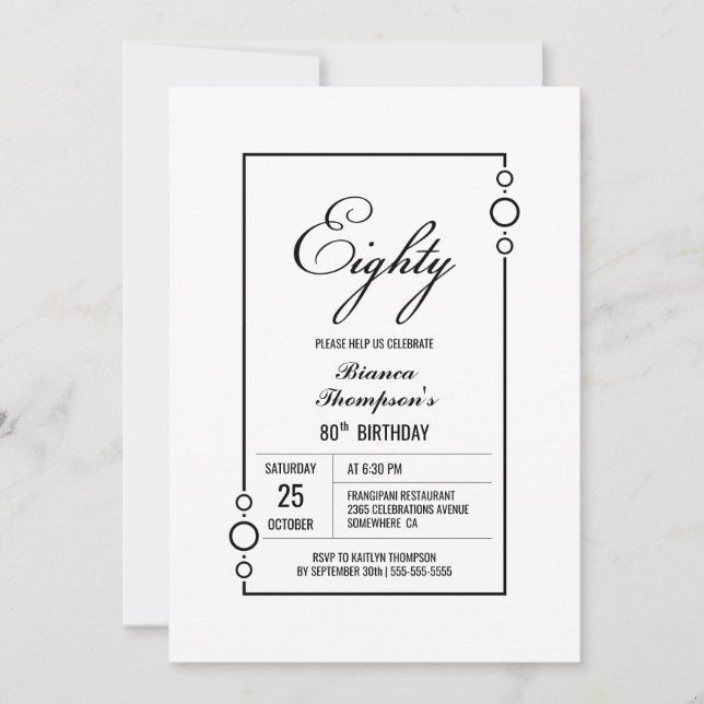 Invitation 80e anniversaire Blanc avec Black Frame Party (Devant)