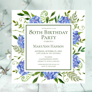 Invitation 80e anniversaire Blue Hydrangeas Floral Aquarelle