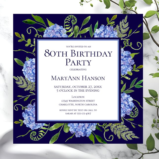 Invitation 80e anniversaire Blue Hydrangeas Floral Aquarelle (Créateur téléchargé)