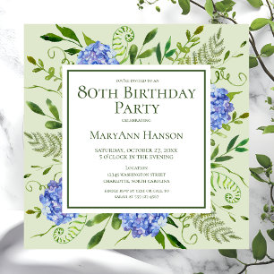 Invitation 80e anniversaire Blue Hydrangeas Floral Aquarelle