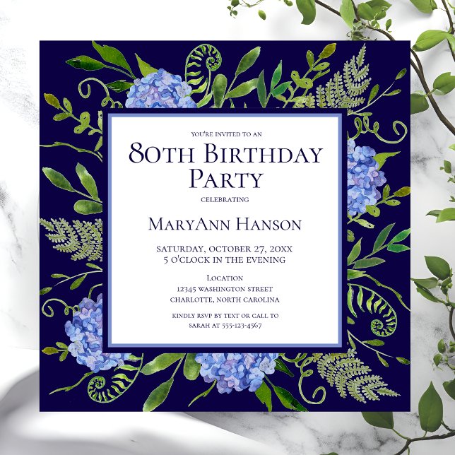 Invitation 80e anniversaire Blue Hydrangeas Floral Aquarelle (Créateur téléchargé)