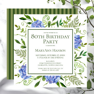Invitation 80e anniversaire Blue Hydrangeas Floral Aquarelle
