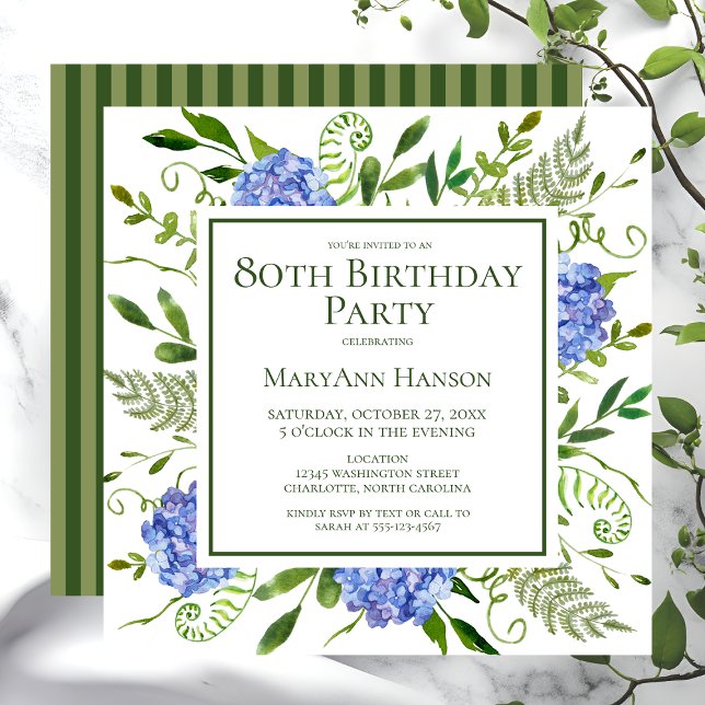 Invitation 80e anniversaire Blue Hydrangeas Floral Aquarelle (Créateur téléchargé)