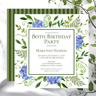 Invitation 80e anniversaire Blue Hydrangeas Floral Aquarelle