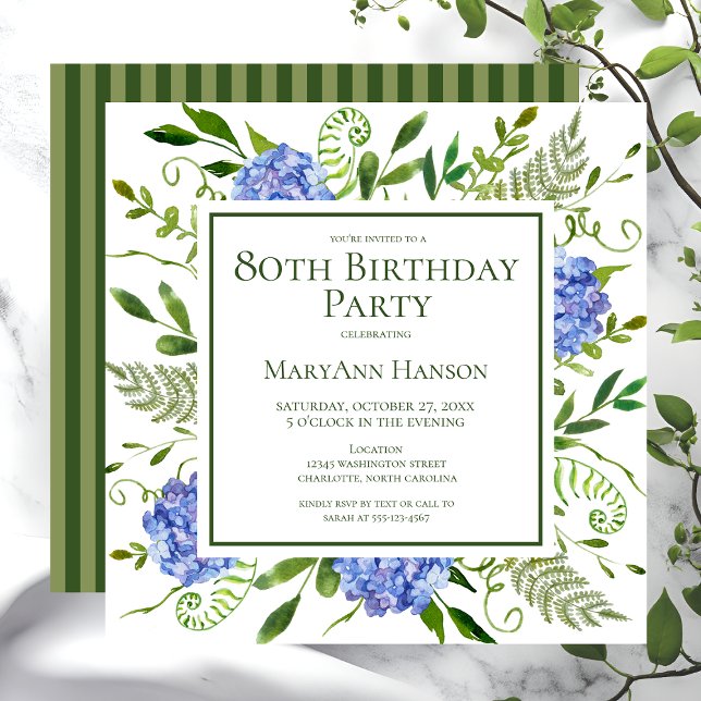 Invitation 80e anniversaire Blue Hydrangeas Floral Aquarelle (Créateur téléchargé)