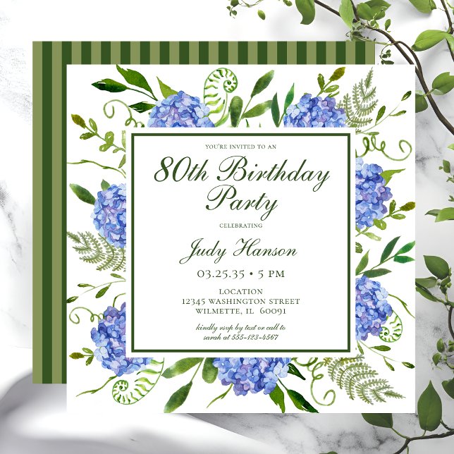 Invitation 80e anniversaire Blue Hydrangeas Floral Aquarelle (Créateur téléchargé)