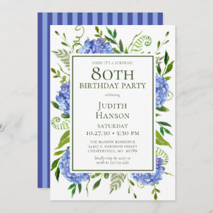 Invitation 80e anniversaire Blue Hydrangeas Surprise Party