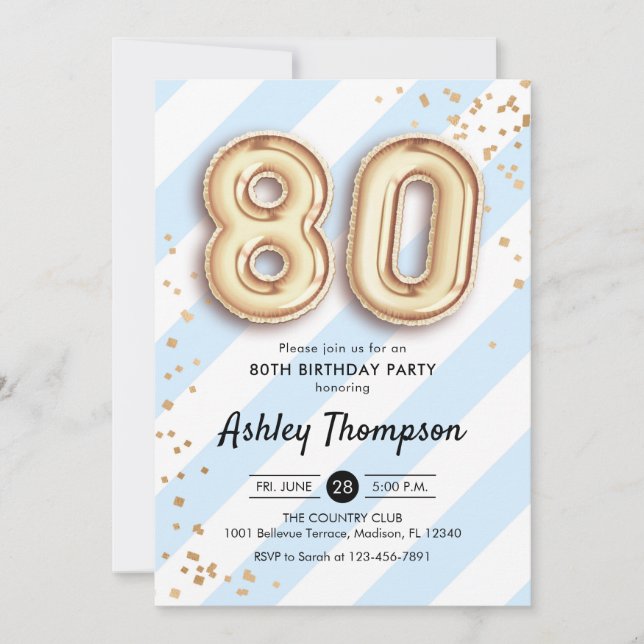 Invitation 80e anniversaire - Blue Stripes Gold Ballons (Devant)