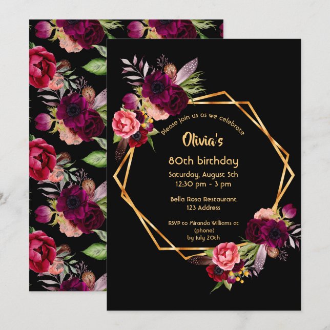 Invitation 80e anniversaire bordeaux floral or géométrique no (Devant / Derrière)
