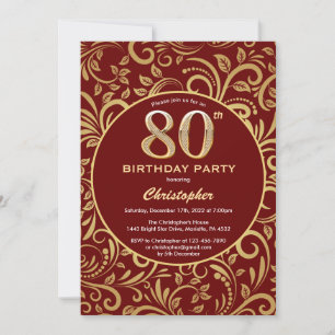 Invitation 80e anniversaire Bourgogne rouge et or modèle flor
