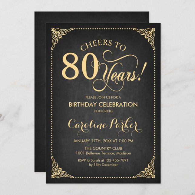 Invitation 80e anniversaire - Chalkboard Gold (Devant / Derrière)