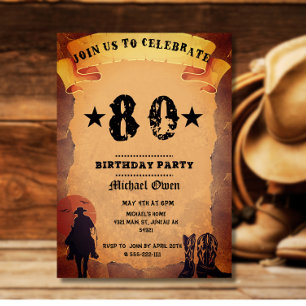 Invitation 80e anniversaire cowboy vieux papier cheval cheval