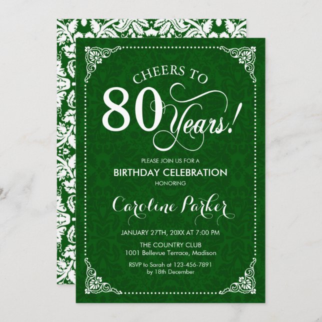 Invitation 80e anniversaire - Damas vert (Devant / Derrière)