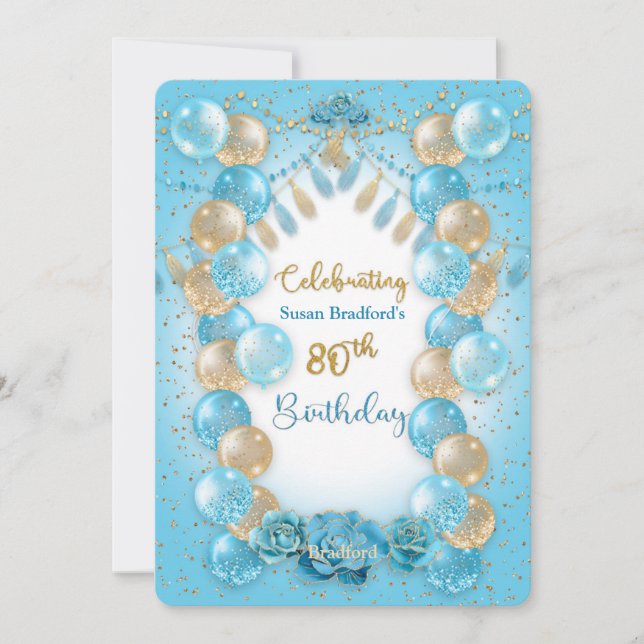 Invitation 80e anniversaire Dames Blue Gold Balloons Design (Devant)