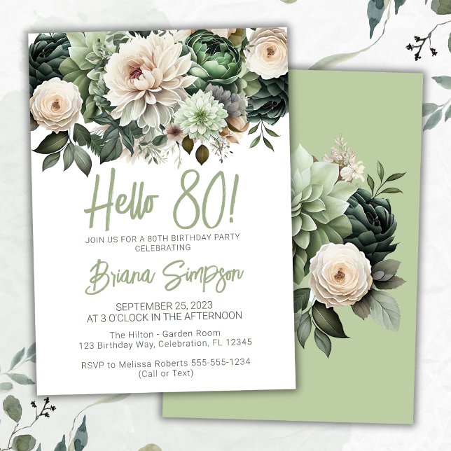 Invitation 80e anniversaire de fête Sage Green Floral (Créateur téléchargé)