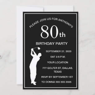 Invitation 80e Anniversaire de la fête Golfer Black Par Adult