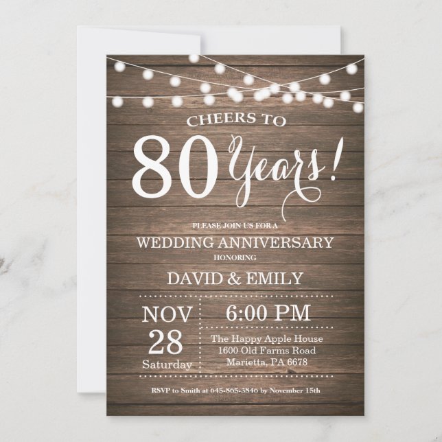 Invitation 80e anniversaire de mariage Bois rustiq (Devant)