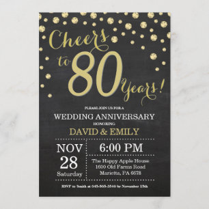 Invitation 80e anniversaire de mariage tableau noir et or