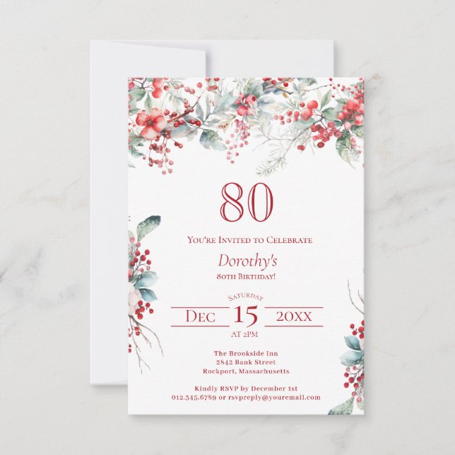 Invitation 80e anniversaire Elégant Berry d'hiver Botanique (Devant)