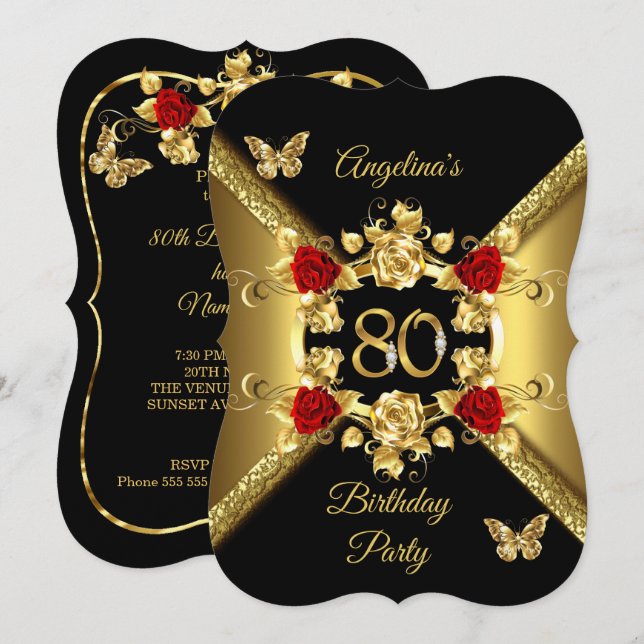 Invitation 80e anniversaire Elégant Or Roses rouges Noir (Devant / Derrière)