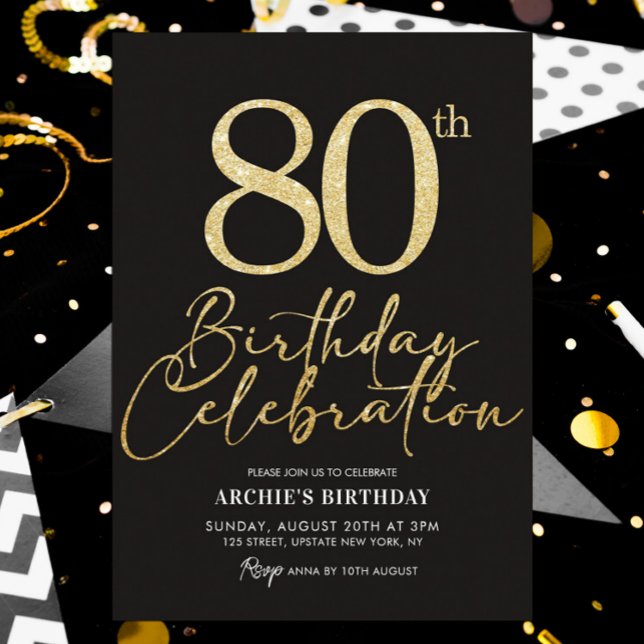 Invitation 80e anniversaire fête Elégante Parties scintillant (80th birthday celebration surprise party elegant black and gold)