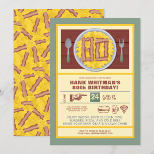 Invitation 80e anniversaire Fête Mens Funny Bacon Eggs Thème