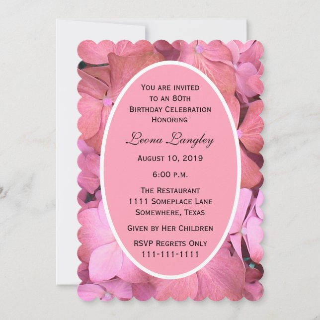 Invitation 80e anniversaire fête Pink Scalloped Hydrangeas (Devant)