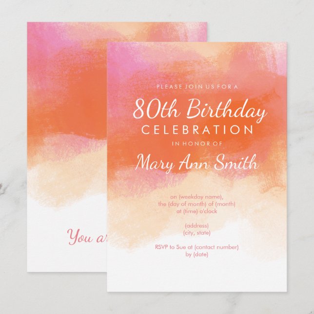 Invitation 80e anniversaire fête rose pâle Aquarelle (Devant / Derrière)