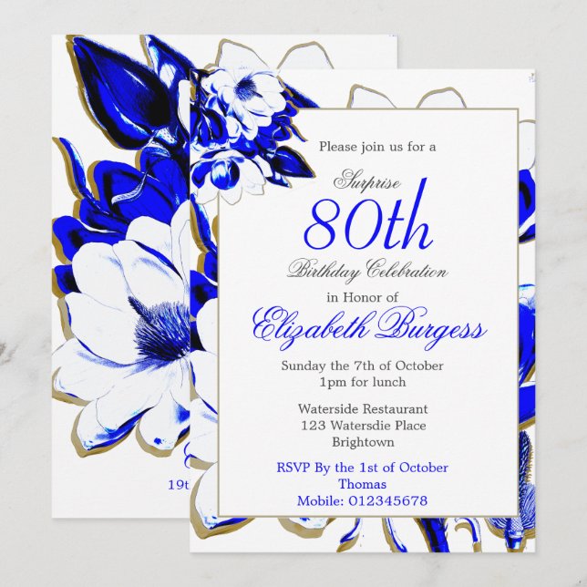 Invitation 80e anniversaire floral bleu et blanc printemps él (Devant / Derrière)