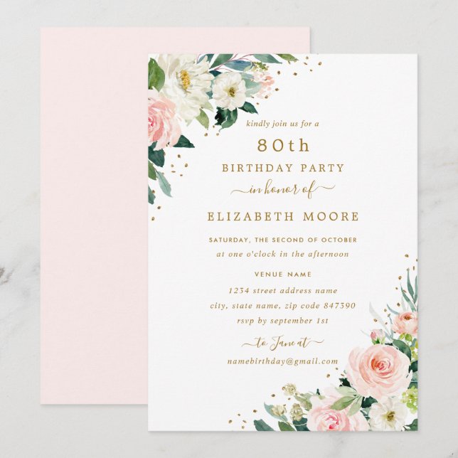 Invitation 80e anniversaire Floral Blush Gold (Devant / Derrière)