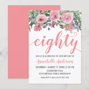 Invitation 80e anniversaire Floral Blush Rose Aquarelle Rusti